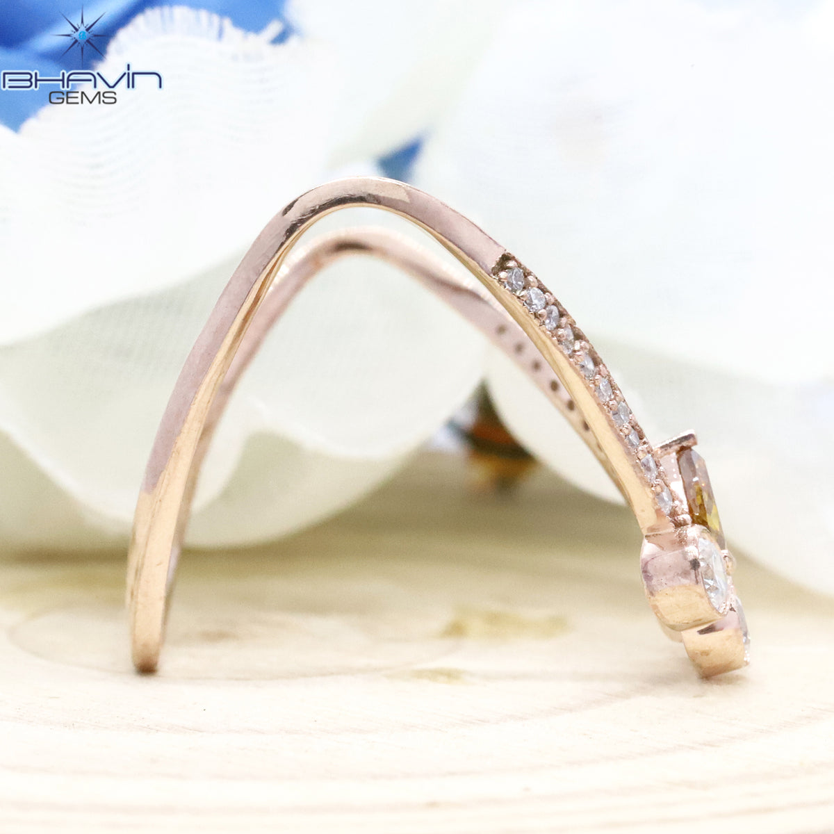 Natural Unique Pear Brown Yellow Curved Diamond Cluster Wedding Band in Rose Gold