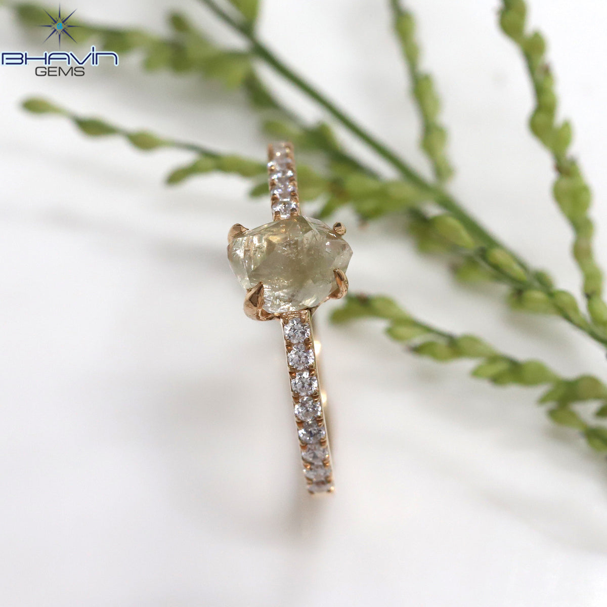 Rough Cut Natural Yellow Diamond Ring with Side Pavé Band Ring