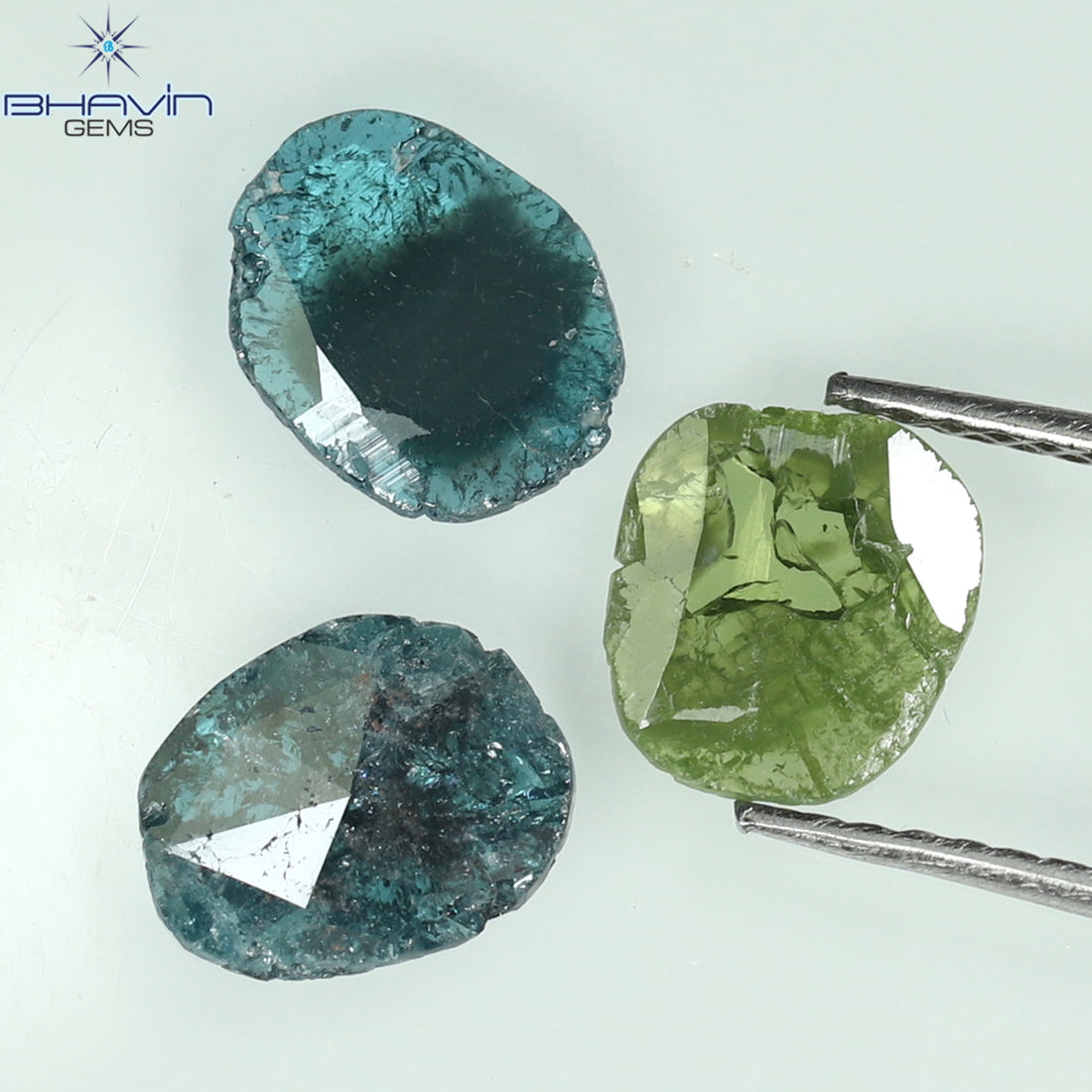 1.71 CT/3 Pcs Natural Slice Diamond Enhanced Blue Green Color Clarity I3 (8.01 MM)
