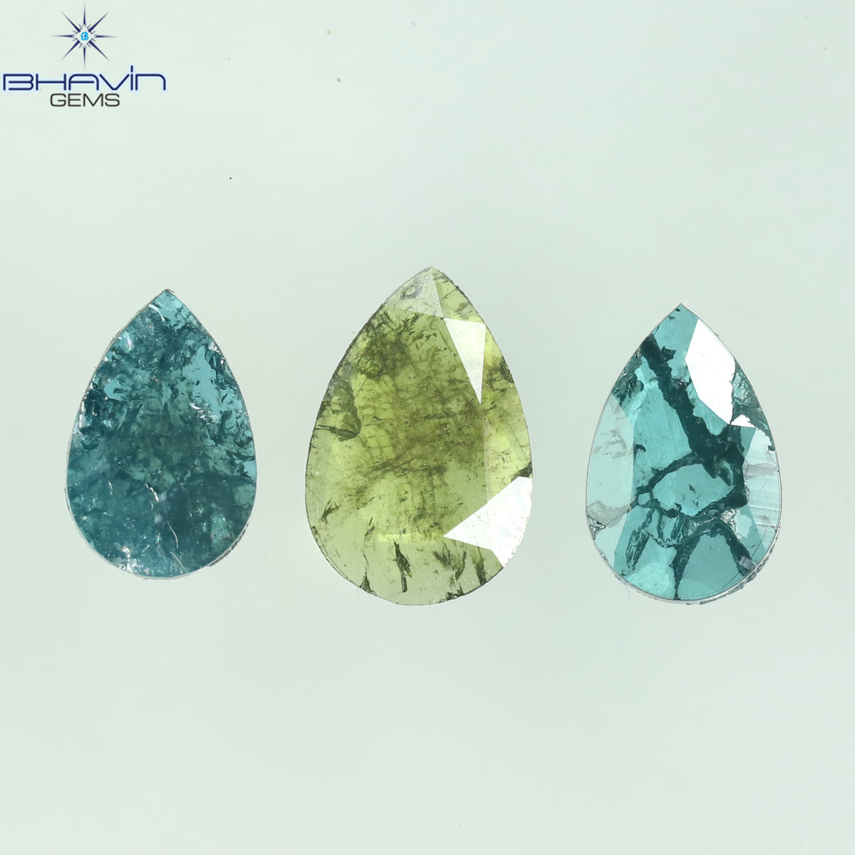 0.71 CT/3 ピース ペアシェイプ ナチュラル ダイヤモンド グリーン ブルー カラー I3 クラリティ (7.04 MM)