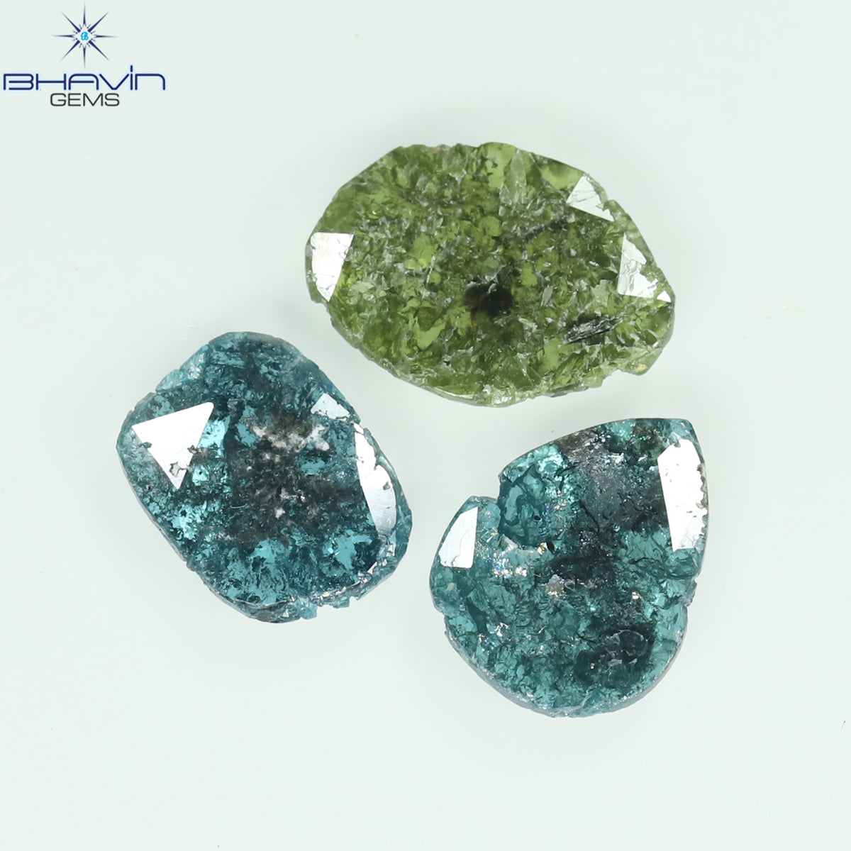 2.14 CT/3 ピース スライス シェイプ ナチュラル ダイヤモンド ブルー グリーン カラー I3 クラリティ (10.56 MM)