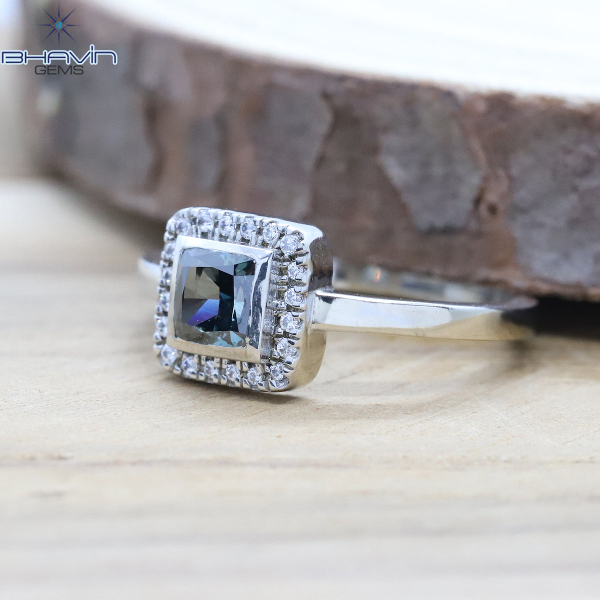 Natural Midnight Blue Cushion Cut Halo Ring