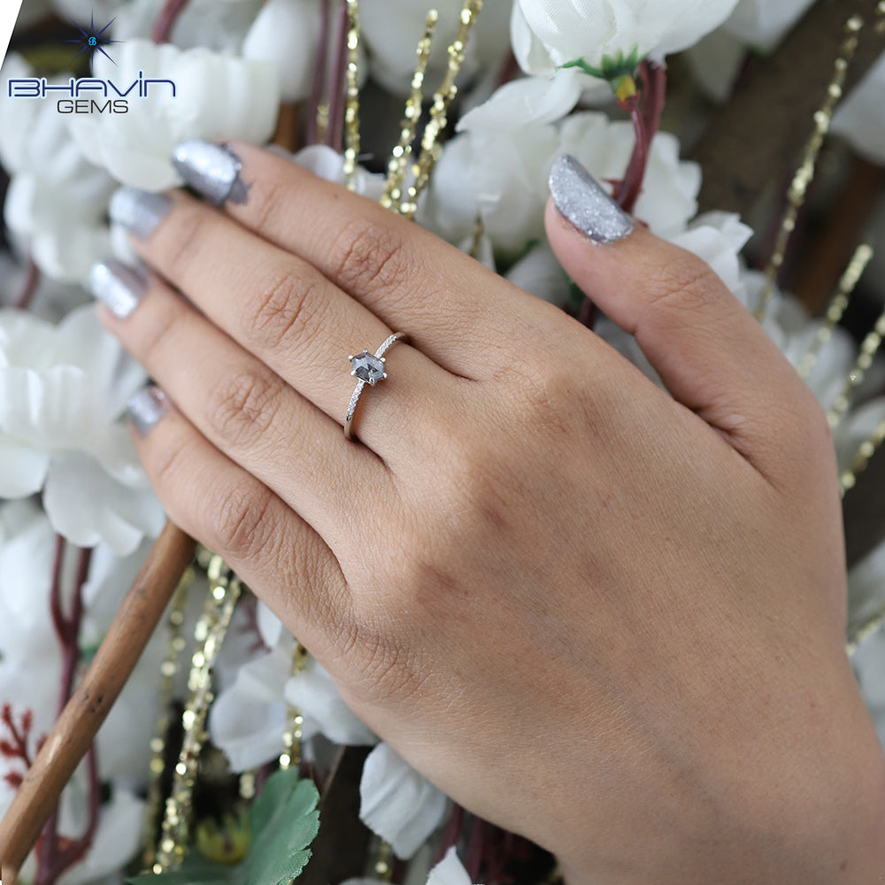 Hexagon Diamond Natural Diamond Ring Gray Color Gold Ring Engagement Ring