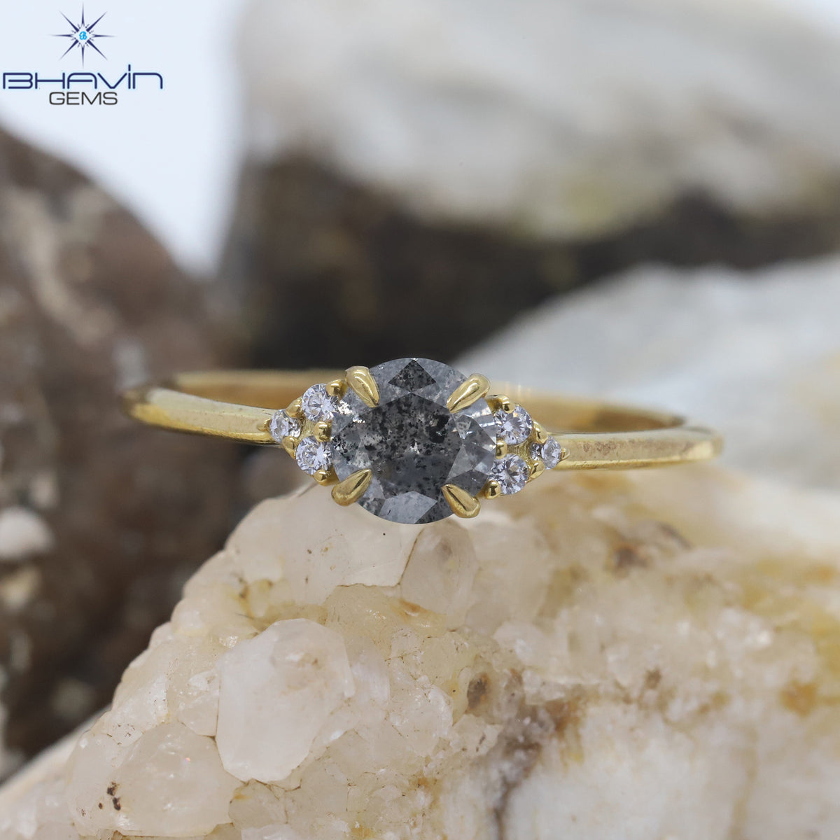 Round Diamond, Natural Diamond Ring, Salt And Pepper Diamond, Gold Ring, Engagement Ring, Wedding Ring, Diamond Ring
