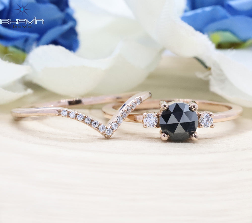 ラウンド ローズカット ダイヤモンド、ブラック ダイヤモンド、天然ダイヤモンド リング、婚約指輪