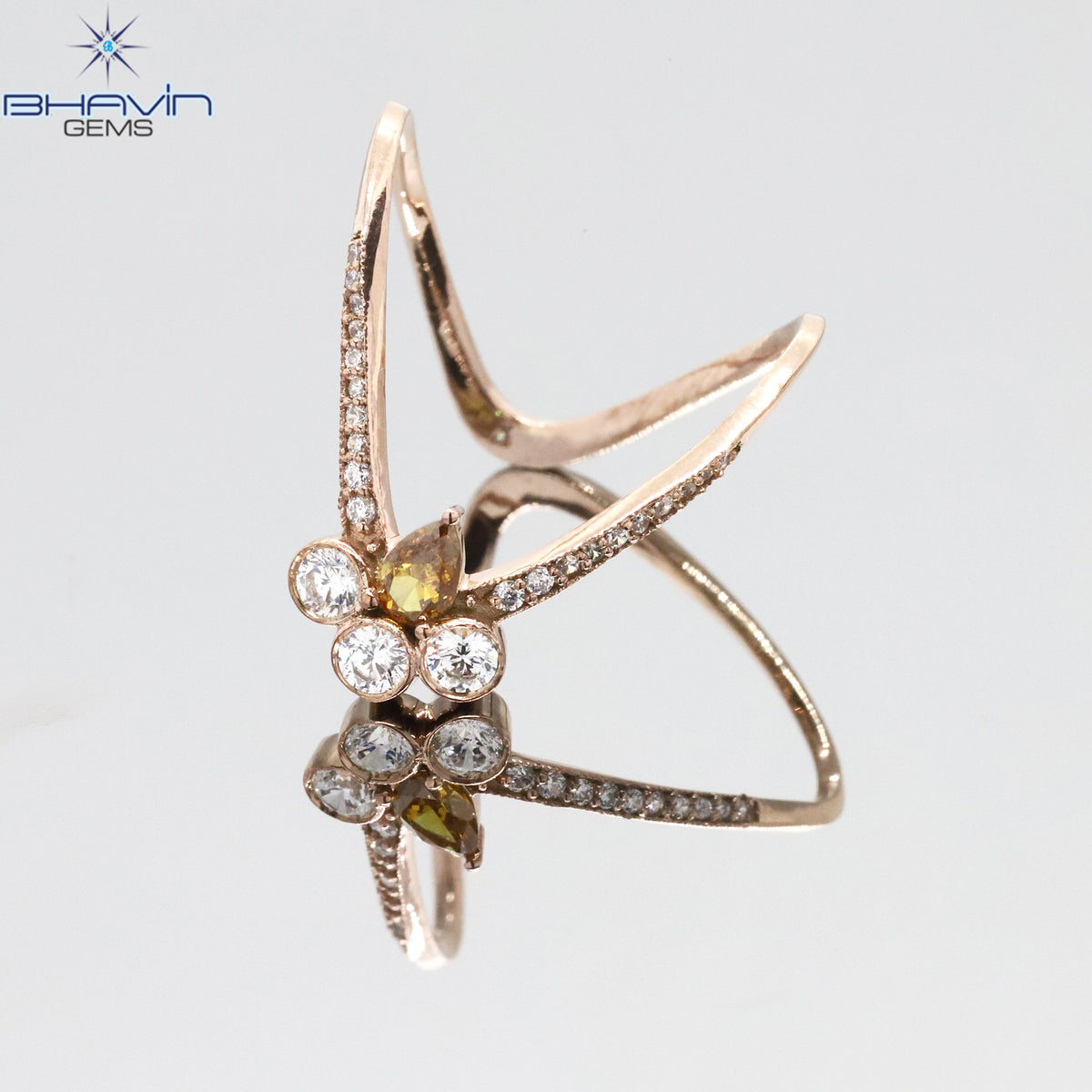 Natural Unique Pear Brown Yellow Curved Diamond Cluster Wedding Band in Rose Gold