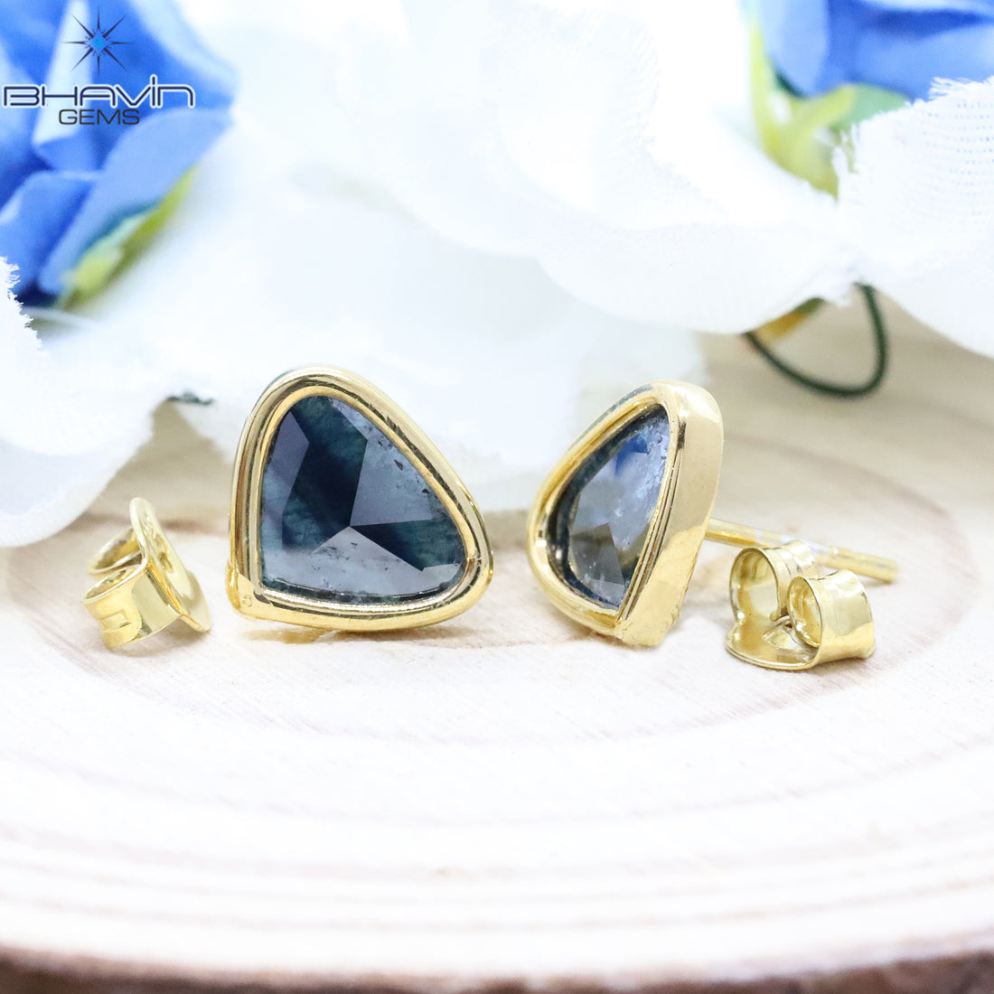 Heart Slice Rosecut Diamond Earring, Blue Diamond, Natural Diamond Earring