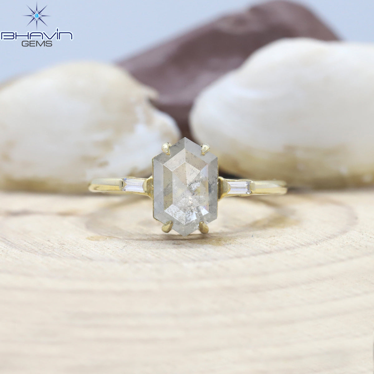 Hexagon Diamond Salt And Pepper Diamond Natural Diamond Ring Gold Ring Engagement Ring