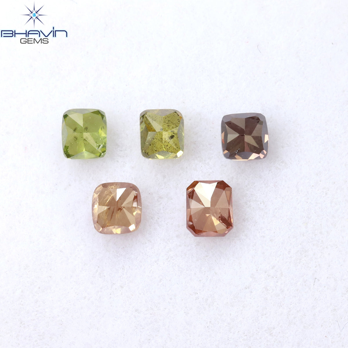 0.82CT/5ピース クッションシェイプ 天然ダイヤモンド ピンクグリーン色 SI2 クラリティ (3.46mm)