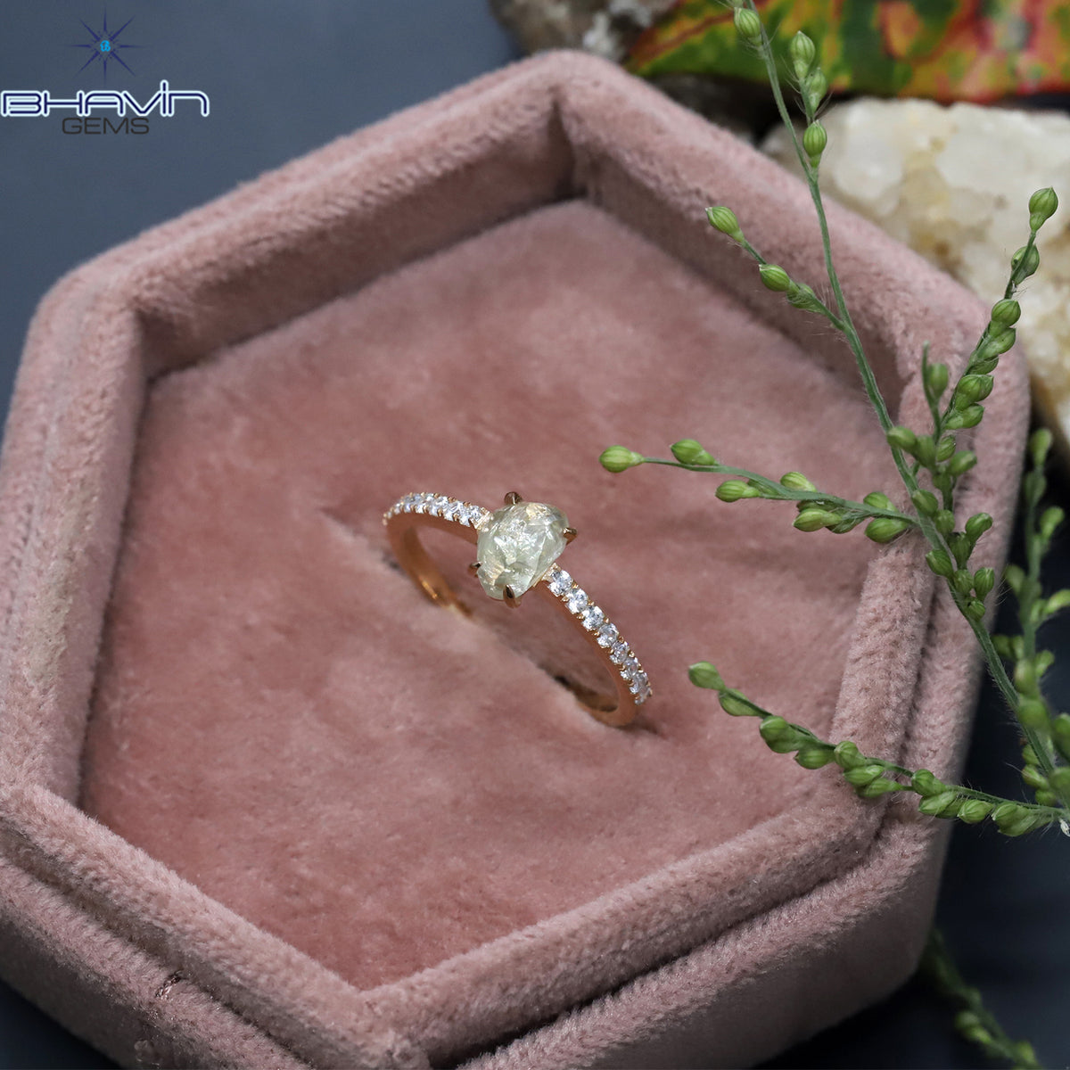 Rough Cut Natural Yellow Diamond Ring with Side Pavé Band Ring