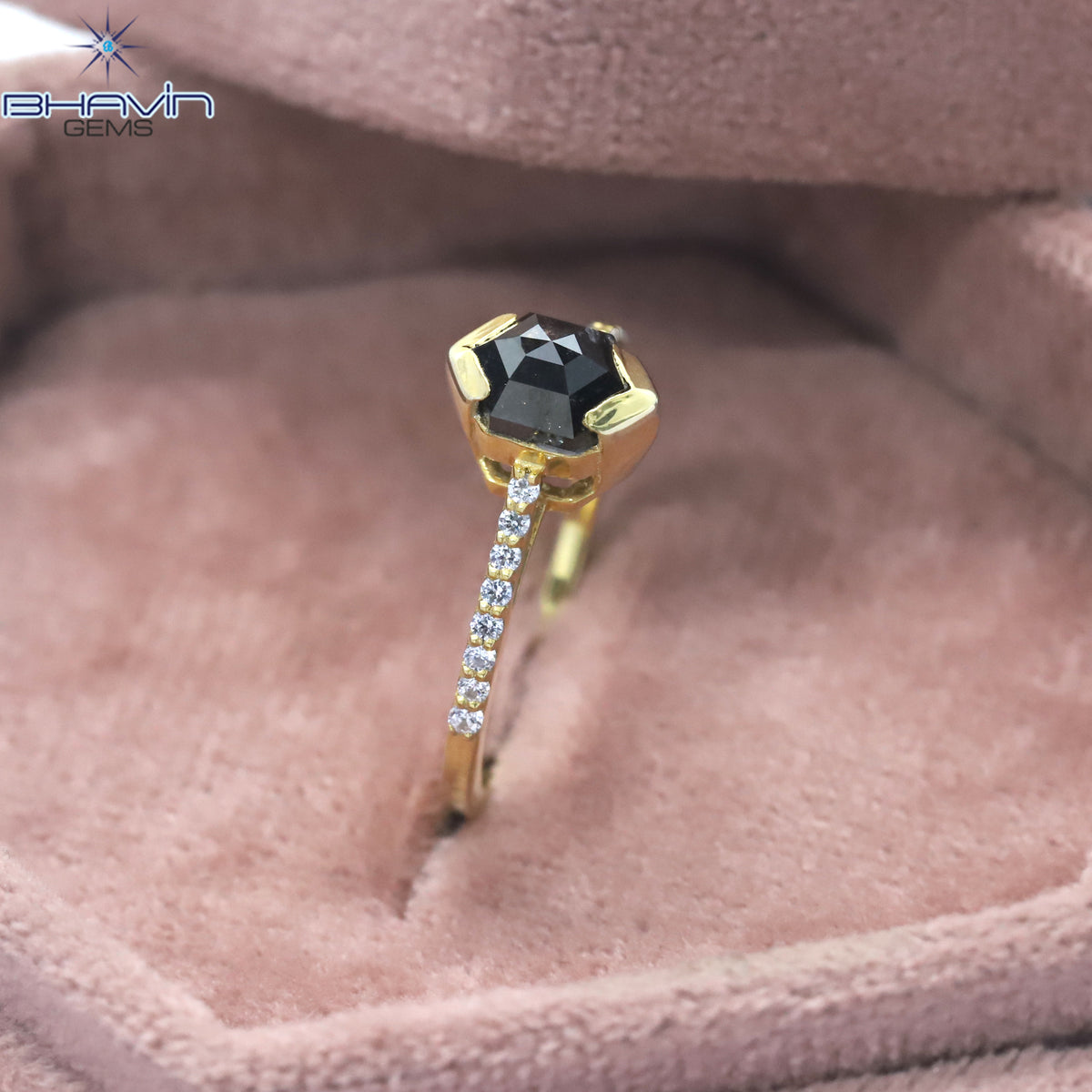 Hexagon Diamond Salt And Pepper Diamond Natural Diamond Ring Gold Ring Engagement Ring