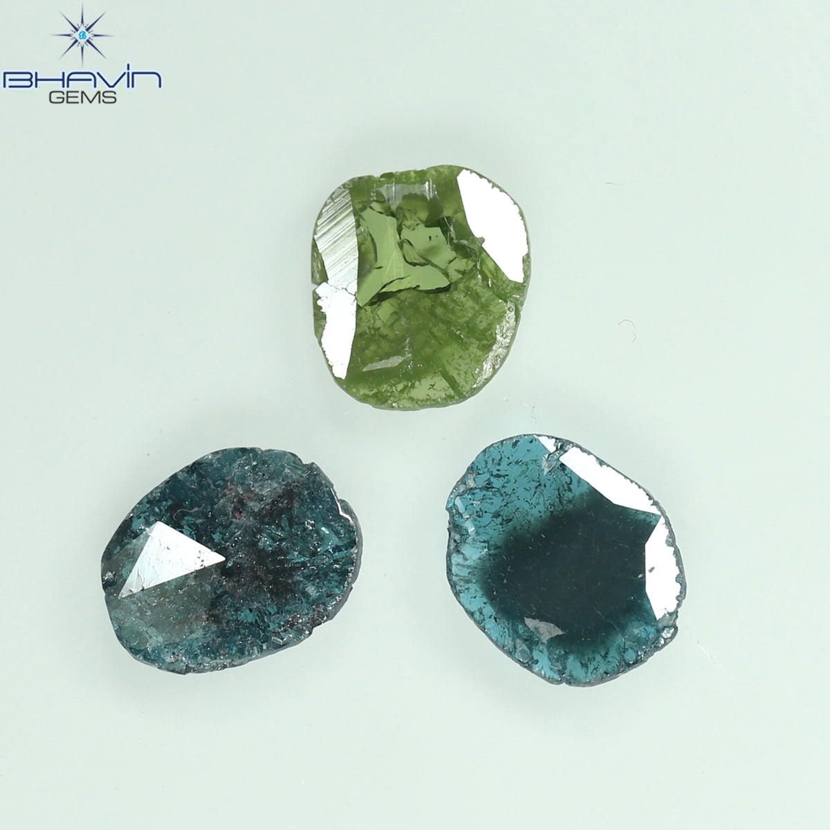 1.71 CT/3 個のスライス形状天然ダイヤモンド ブルー グリーン色 I3 クラリティ (8.01 MM)