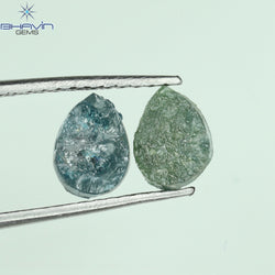 1.19 CT/3 Pcs Pear Rough Shape Blue Green Color Natural Loose Diamond I3 Clarity (6.45 MM)