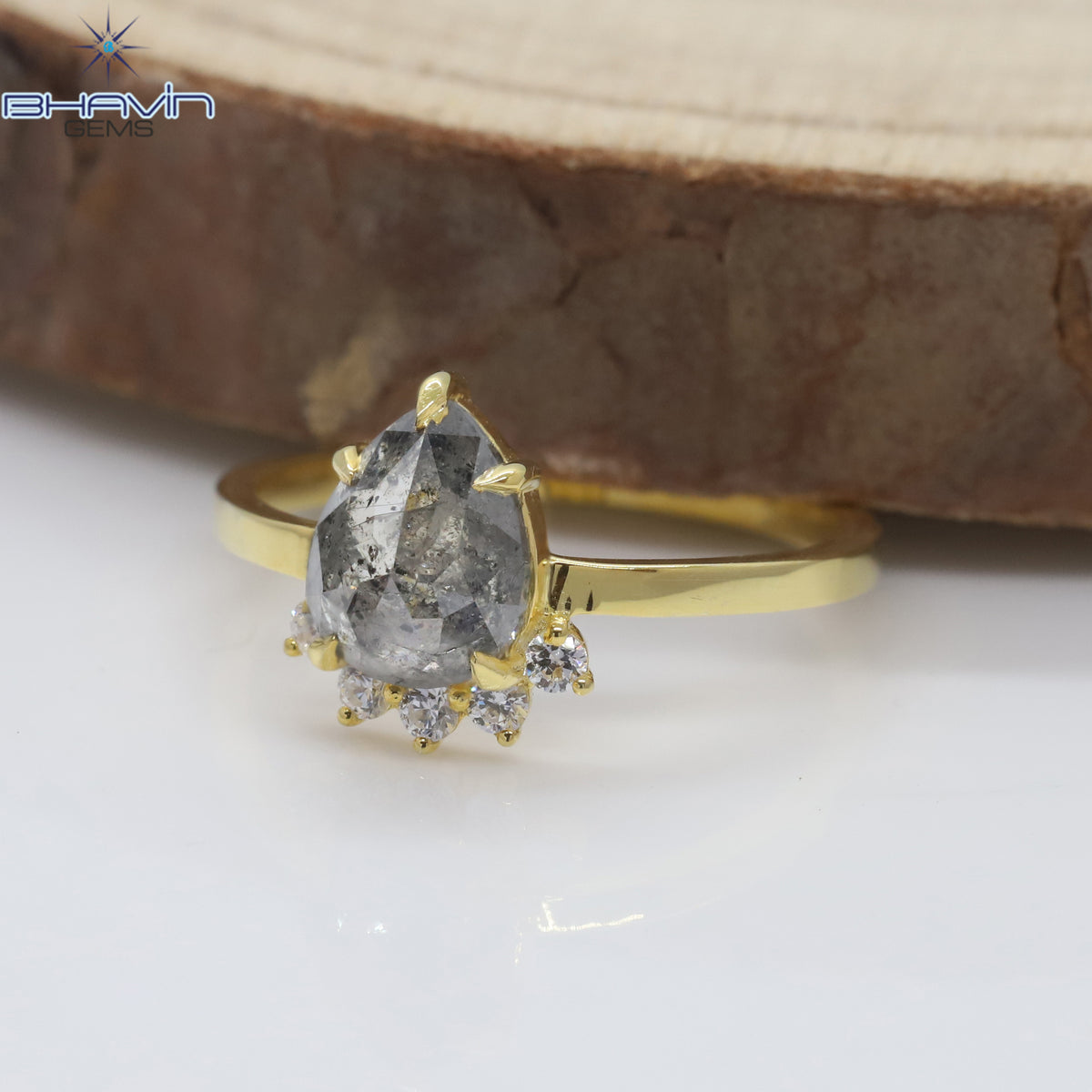 Natural Pear-Shaped Salt and Pepper Diamond Ring with Diamond Tiara Setting