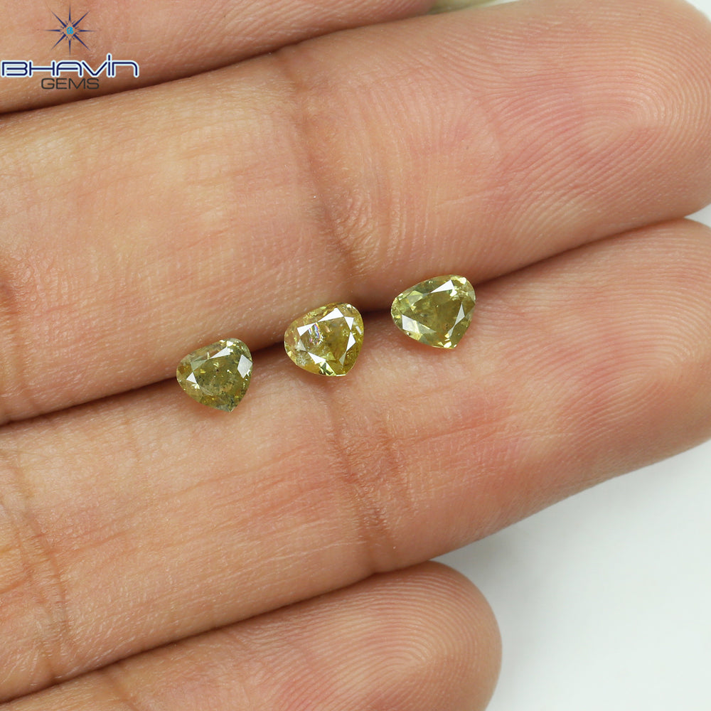 0.87 CT/3 Pcs Heart Shape Natural Diamond Yellow Green Color I2 Clarity (3.83 MM)
