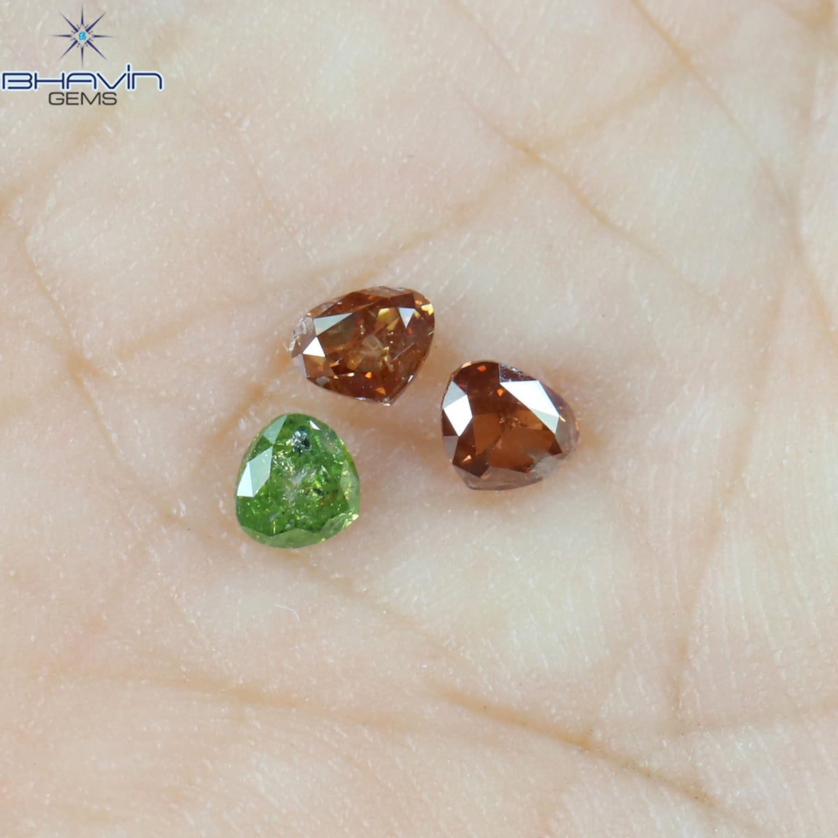 0.51 CT/3 ピース ハートシェイプ エンハンスト ピンク グリーン カラー ナチュラル ルース ダイヤモンド I1 クラリティ (3.20 MM)