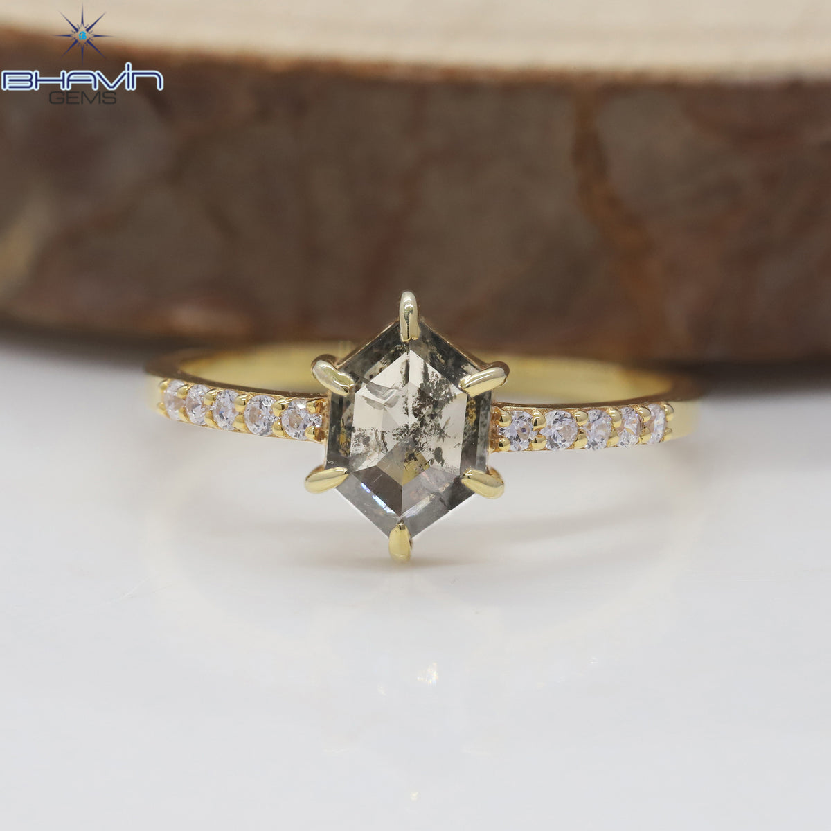 Hexagon Diamond Salt And Pepper Diamond Natural Diamond Ring Gold Ring Engagement Ring