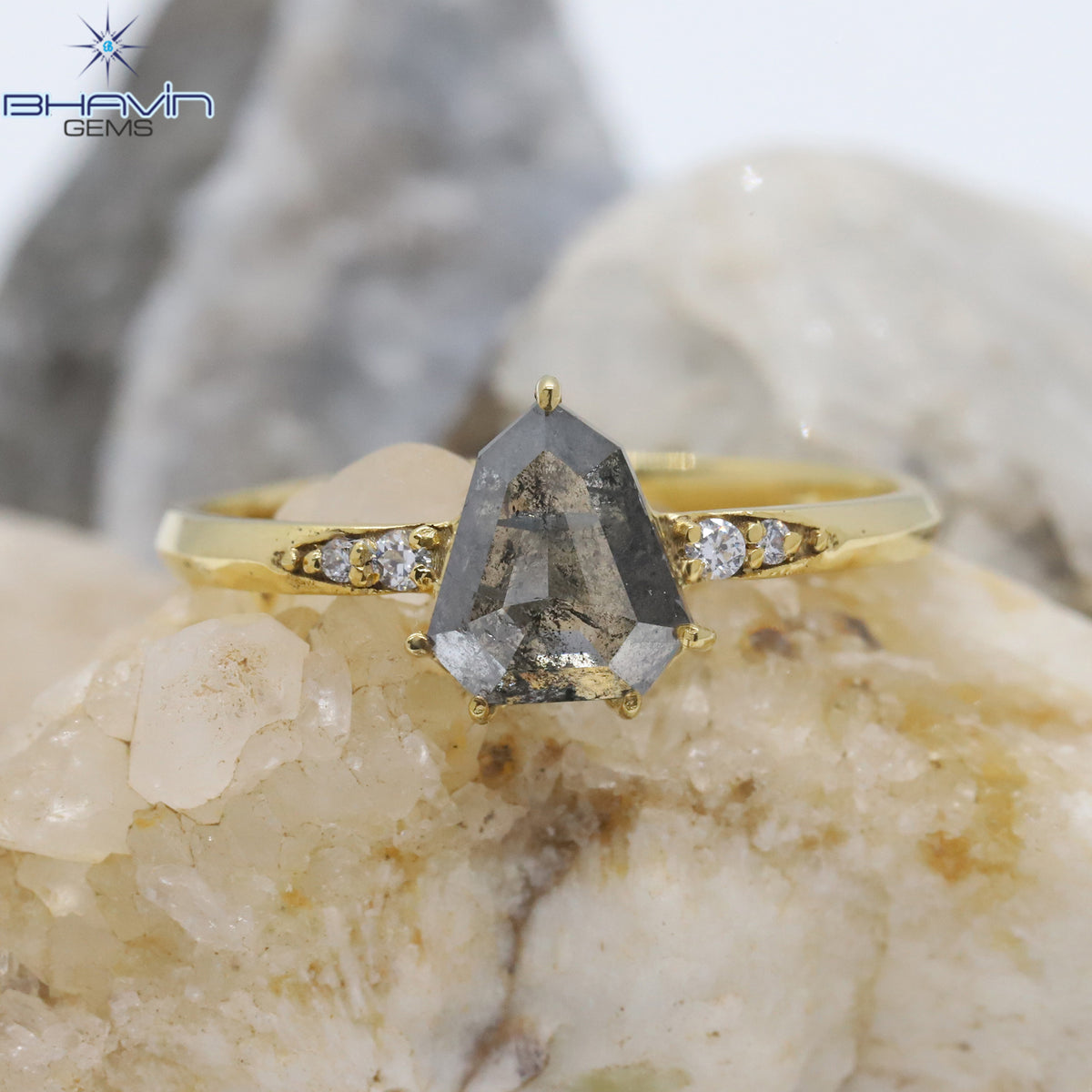 Shield Diamond, Natural Diamond Ring, Salt And Pepper Diamond, Gold Ring, Engagement Ring, Wedding Ring, Diamond Ring