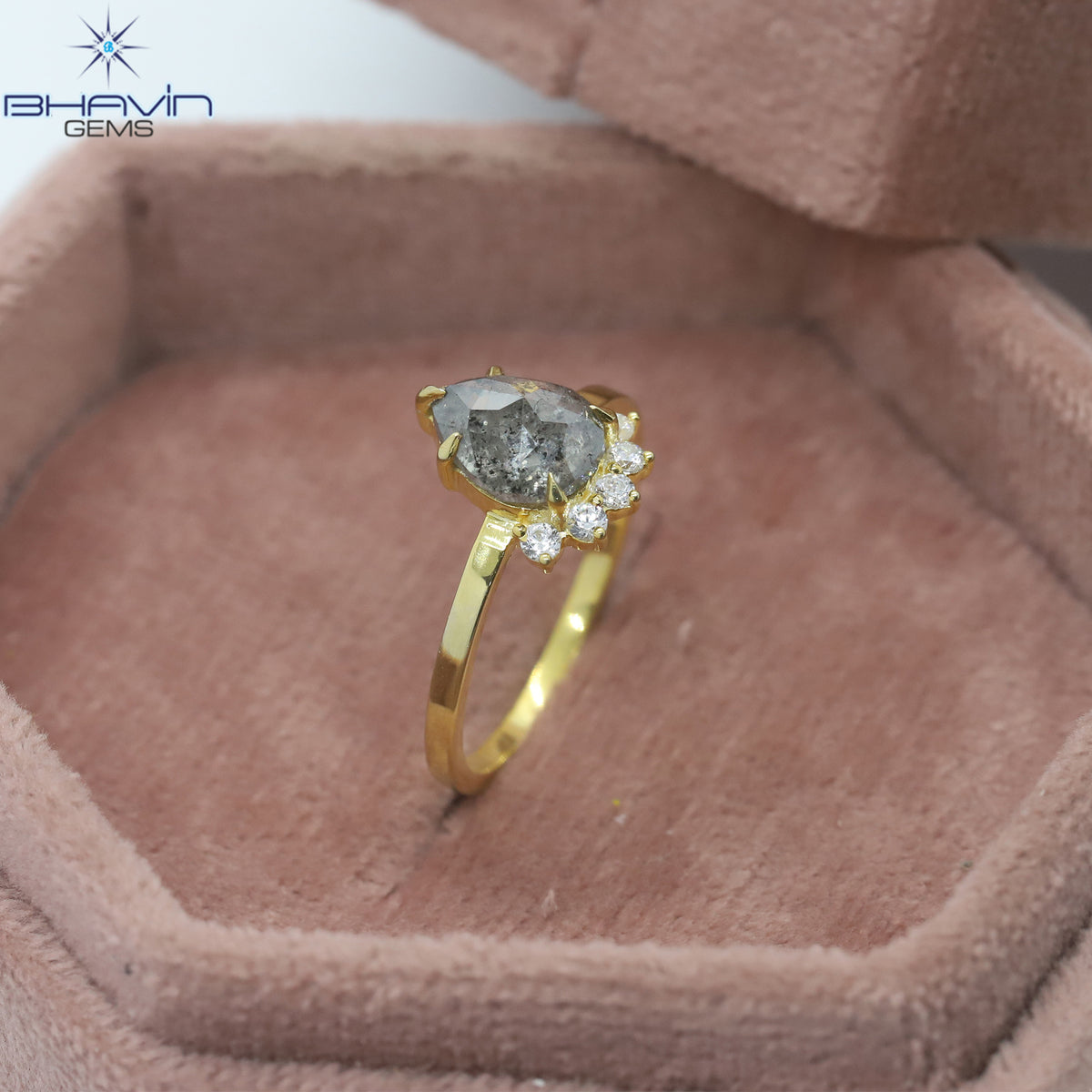 Natural Pear-Shaped Salt and Pepper Diamond Ring with Diamond Tiara Setting