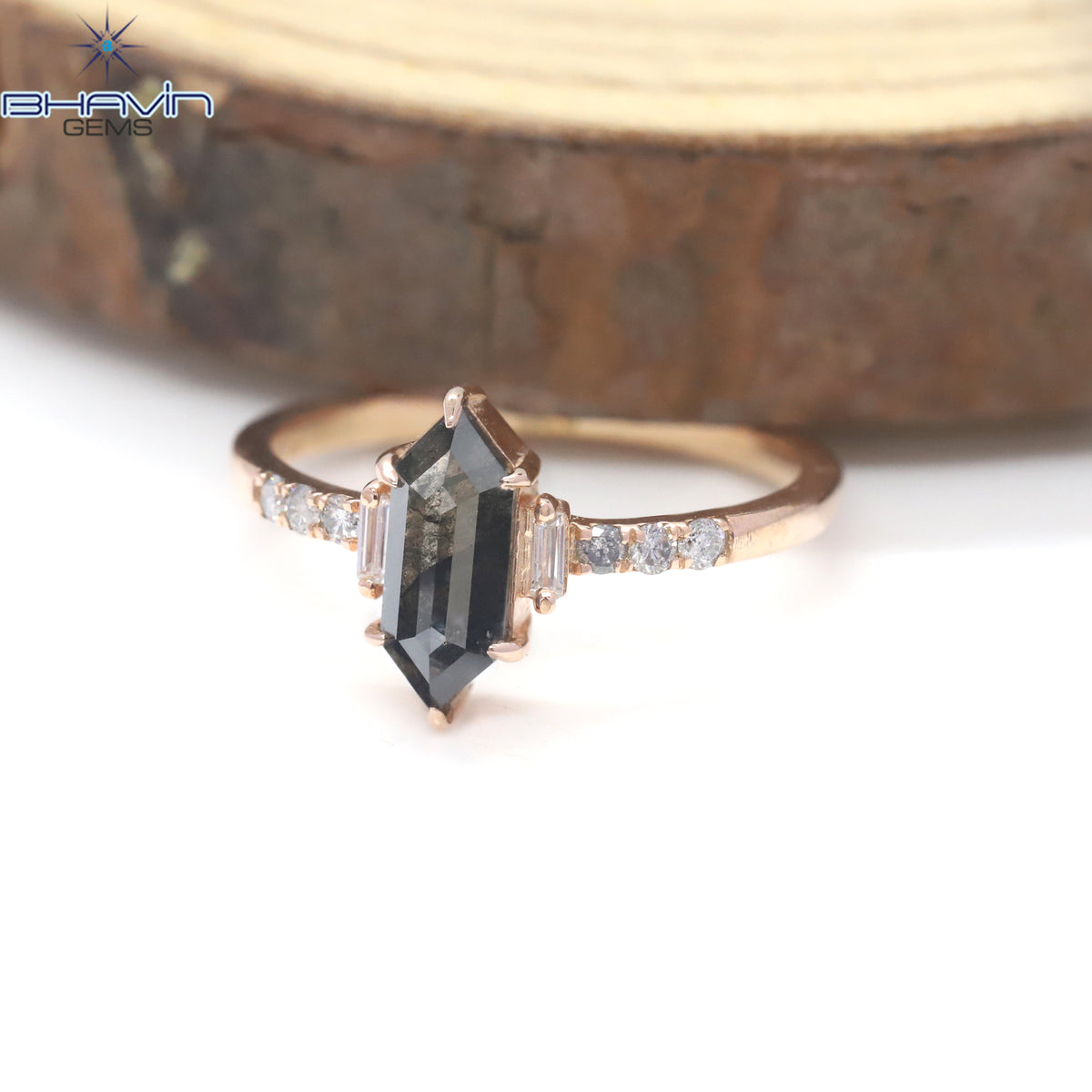 Hexagon Diamond Salt And Pepper Diamond Natural Diamond Ring Gold Ring Engagement Ring