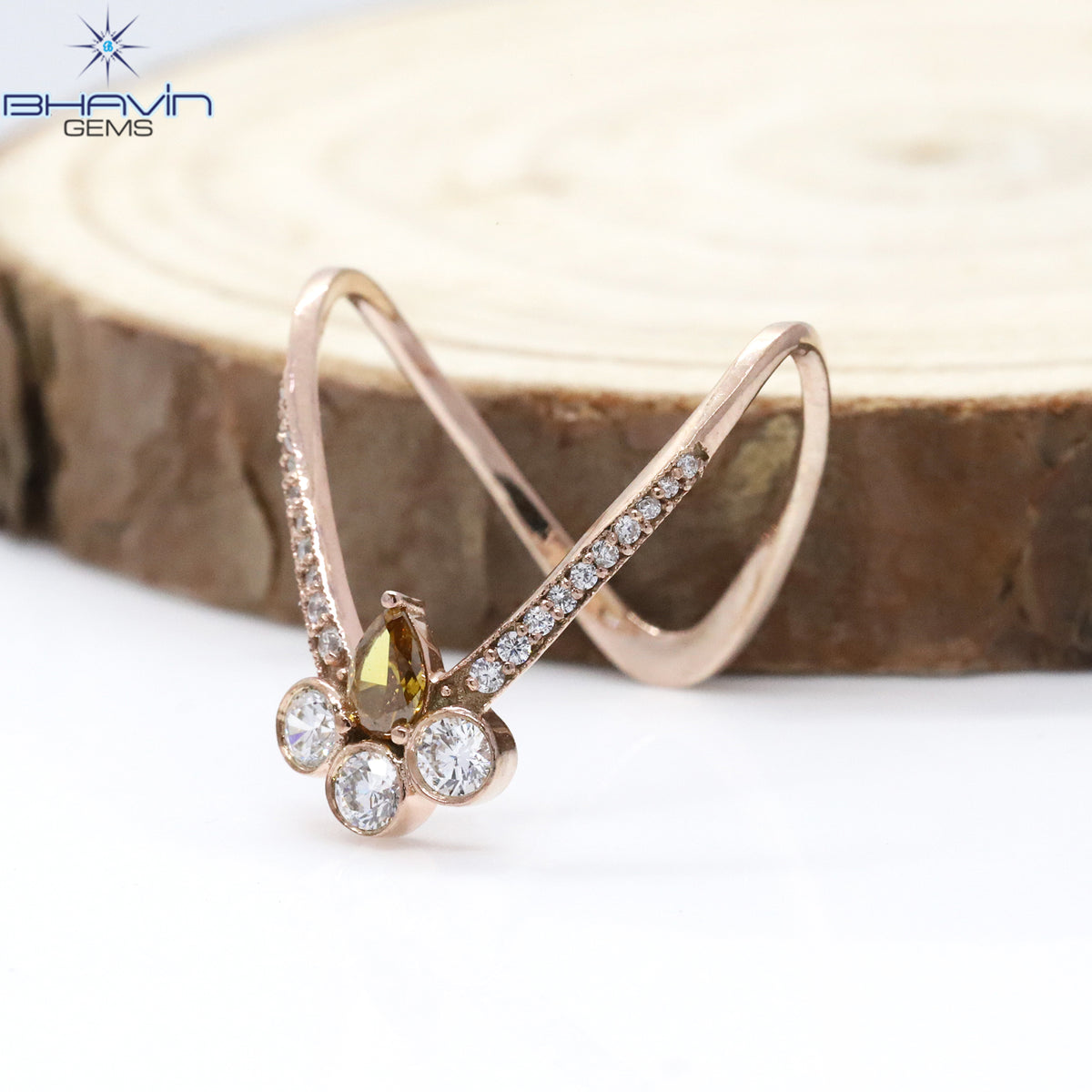 Natural Unique Pear Brown Yellow Curved Diamond Cluster Wedding Band in Rose Gold