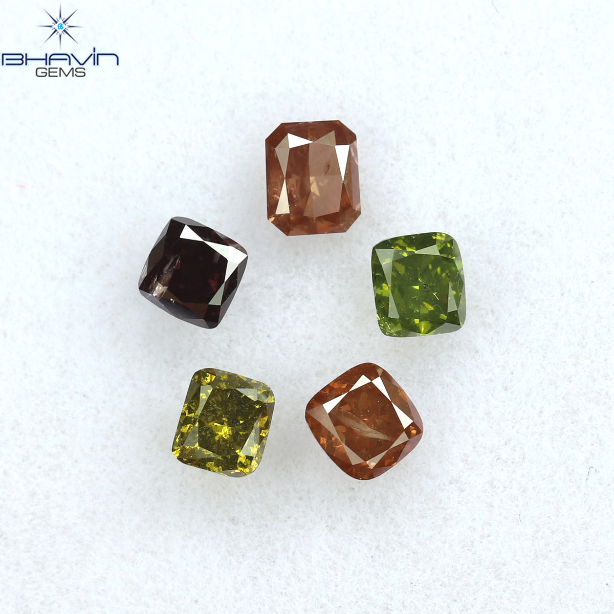 0.82CT/5ピース クッションシェイプ 天然ダイヤモンド ピンクグリーン色 SI2 クラリティ (3.46mm)