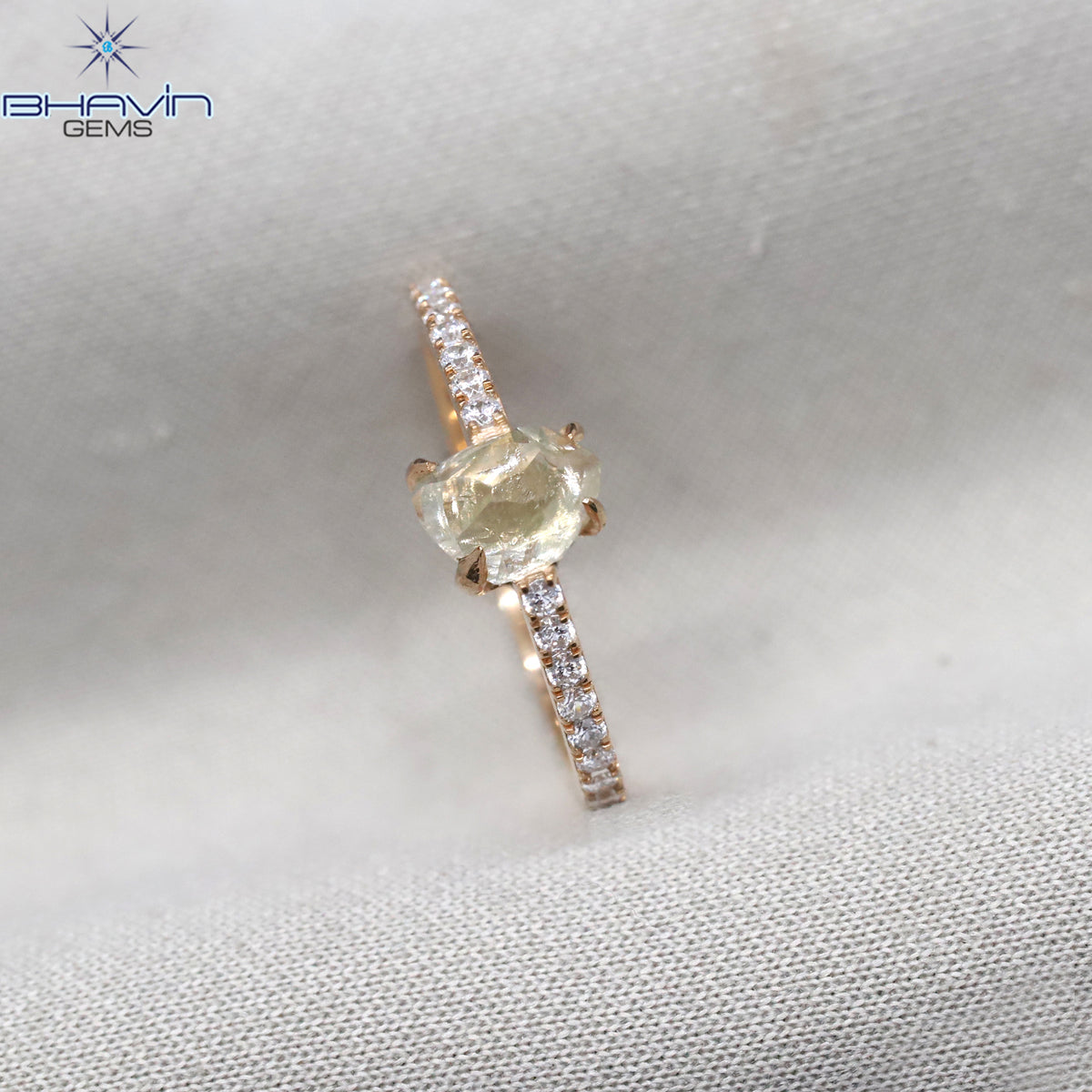 Rough Cut Natural Yellow Diamond Ring with Side Pavé Band Ring