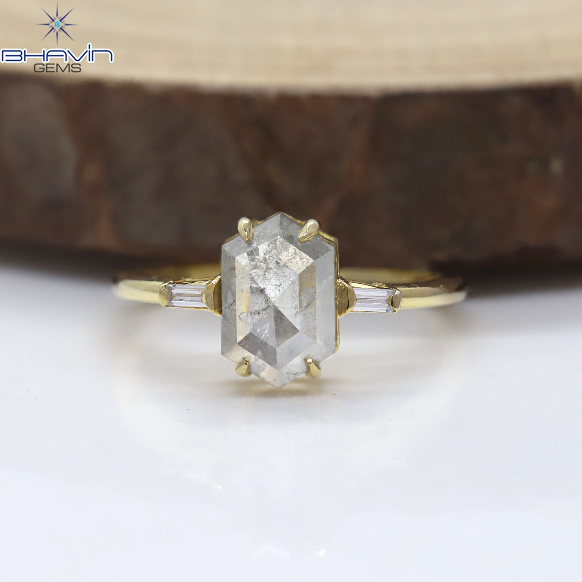 Hexagon Diamond Salt And Pepper Diamond Natural Diamond Ring Gold Ring Engagement Ring
