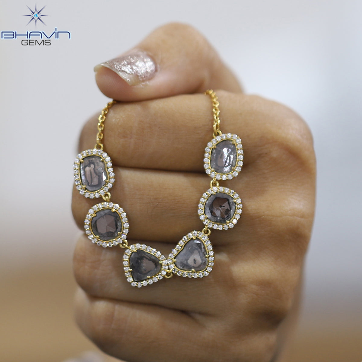 Slice Rose Cut Diamond Pendant, Salt And Pepper Diamond, Yellow Gold Pendant, Bridal Necklace