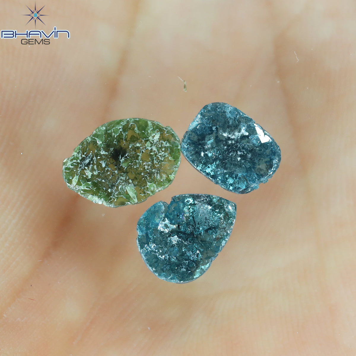 2.14 CT/3 ピース スライス シェイプ ナチュラル ダイヤモンド ブルー グリーン カラー I3 クラリティ (10.56 MM)