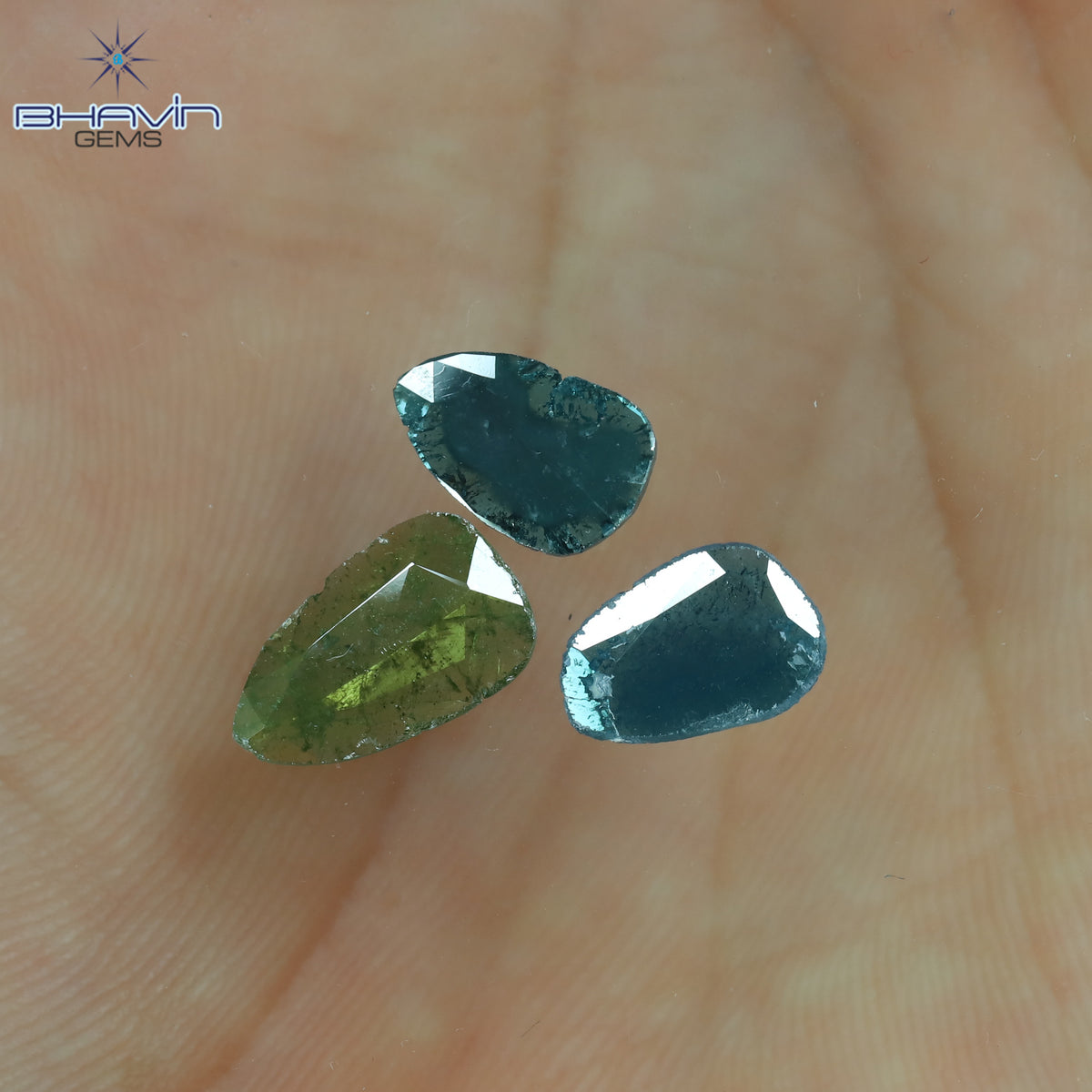 1.74 CT/3 Pcs Natural Slice Diamond Enhanced Blue Green Color Clarity I3 (11.31 MM)