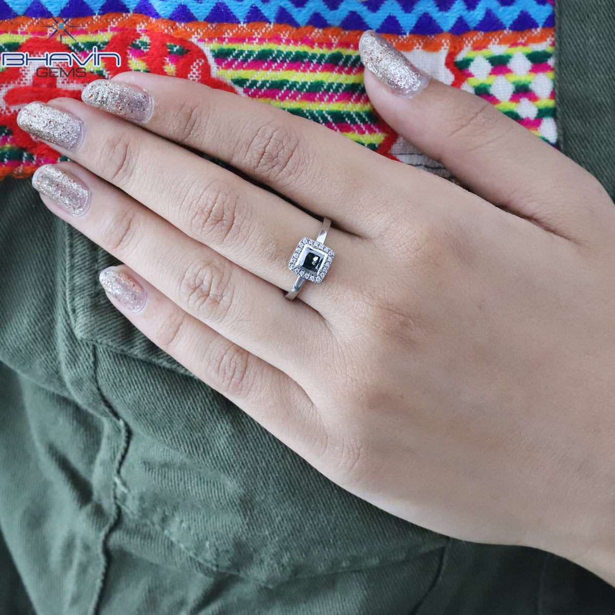 Natural Midnight Blue Cushion Cut Halo Ring