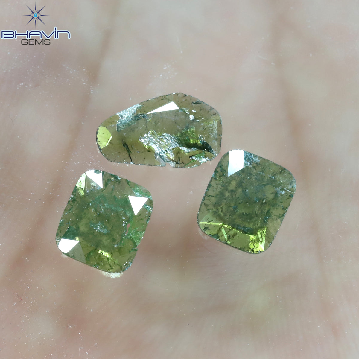 1.28 CT/3 ピース スライス シェイプ ナチュラル ダイヤモンド グリーン カラー I3 クラリティ (9.65 MM)