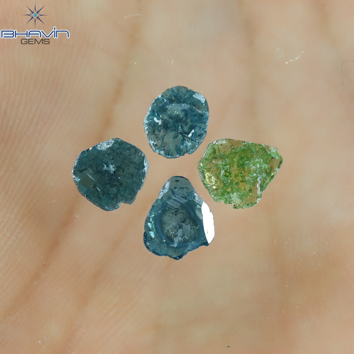 1.66 CT/4 Pcs Natural Slice Diamond Enhanced Blue Green Color Clarity I3 (7.70 MM)