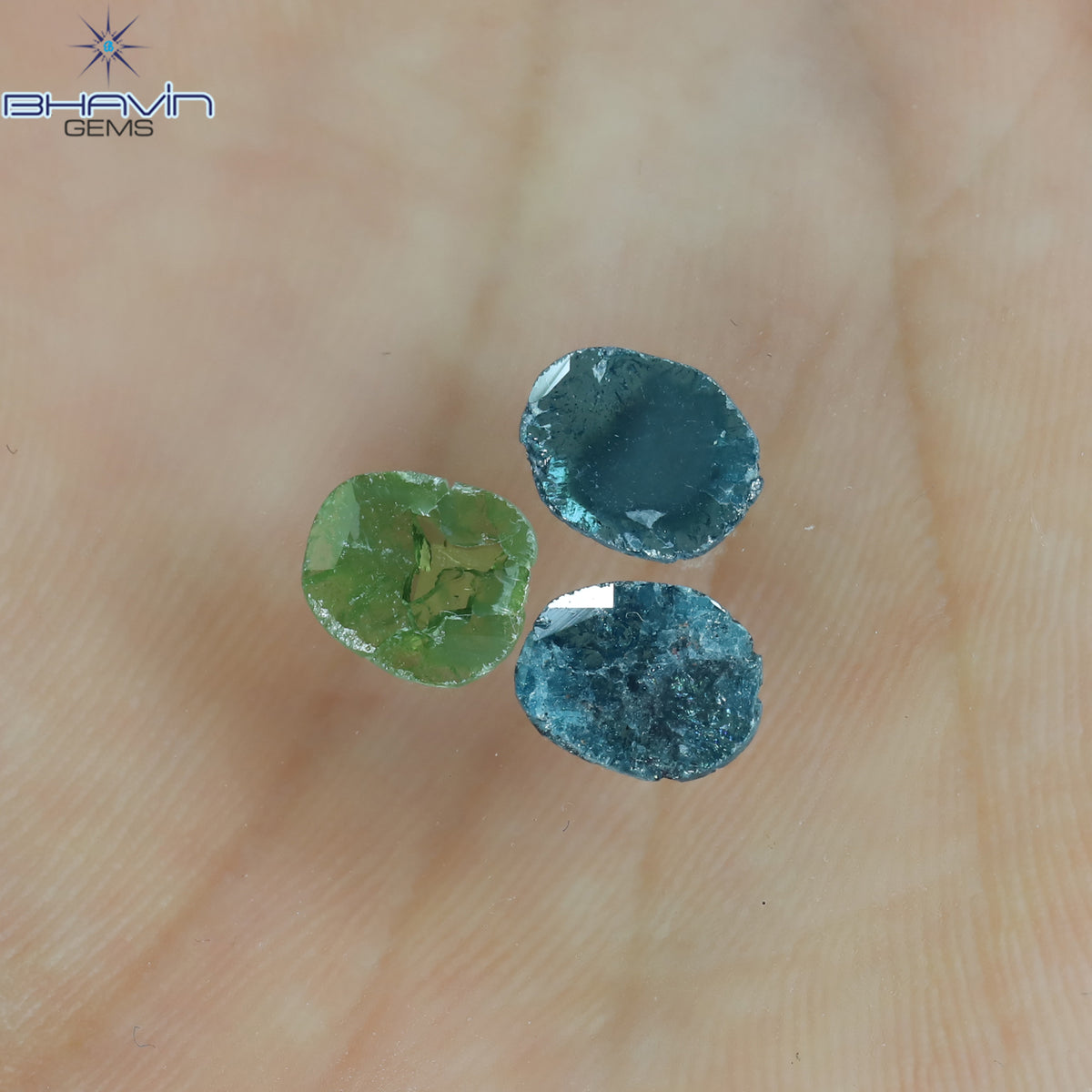 1.71 CT/3 個のスライス形状天然ダイヤモンド ブルー グリーン色 I3 クラリティ (8.01 MM)