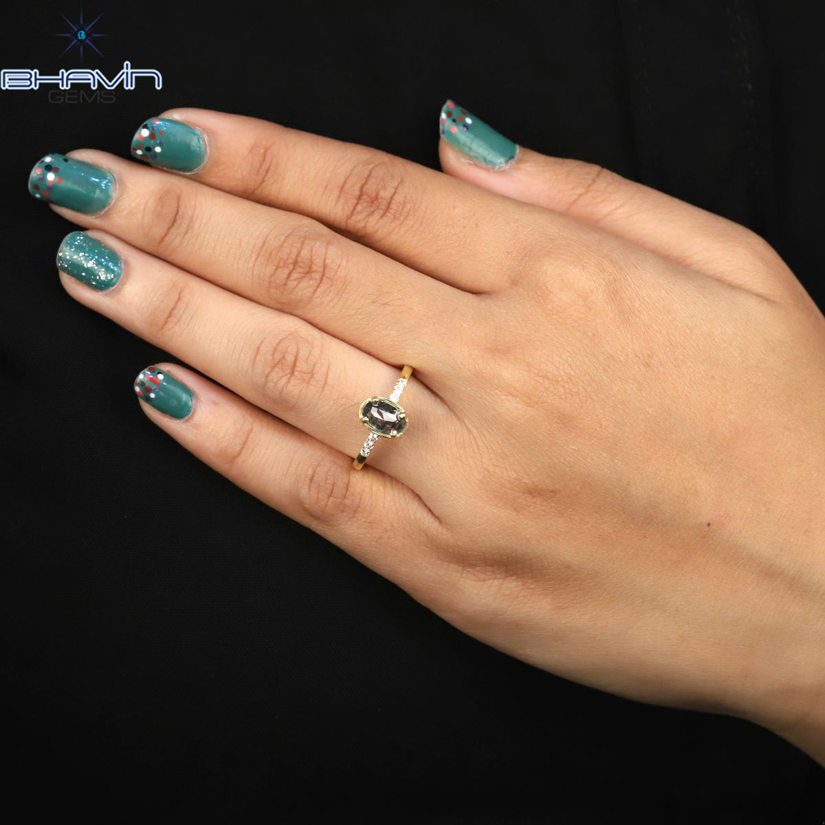 Oval Diamond Natural Diamond Ring Salt And Pepper Color Gold Ring Engagement Ring