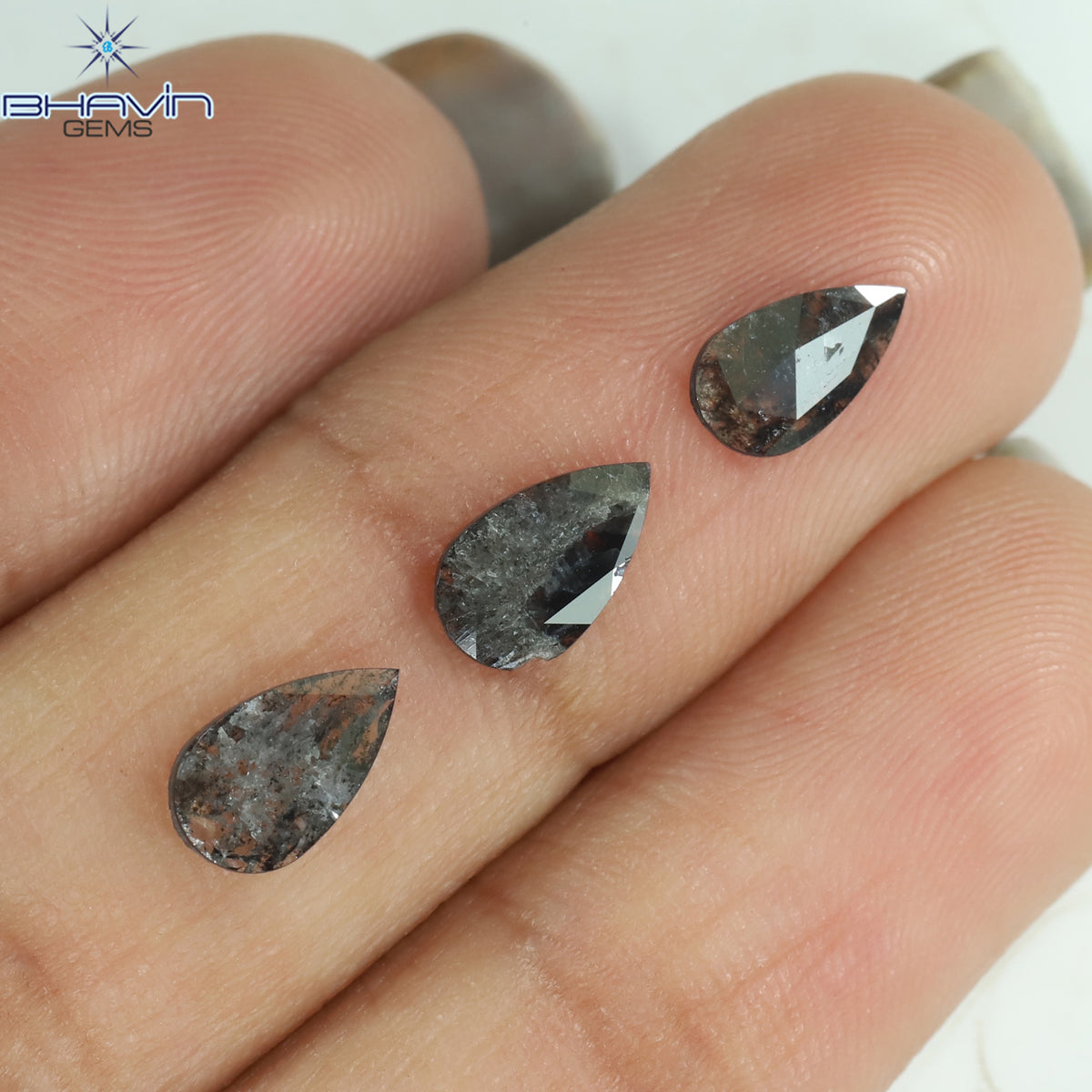 0.99 CT/3 Pcs Natural Pear Slice Diamond Salt And Pepper Color Clarity I3 (8.12 MM)