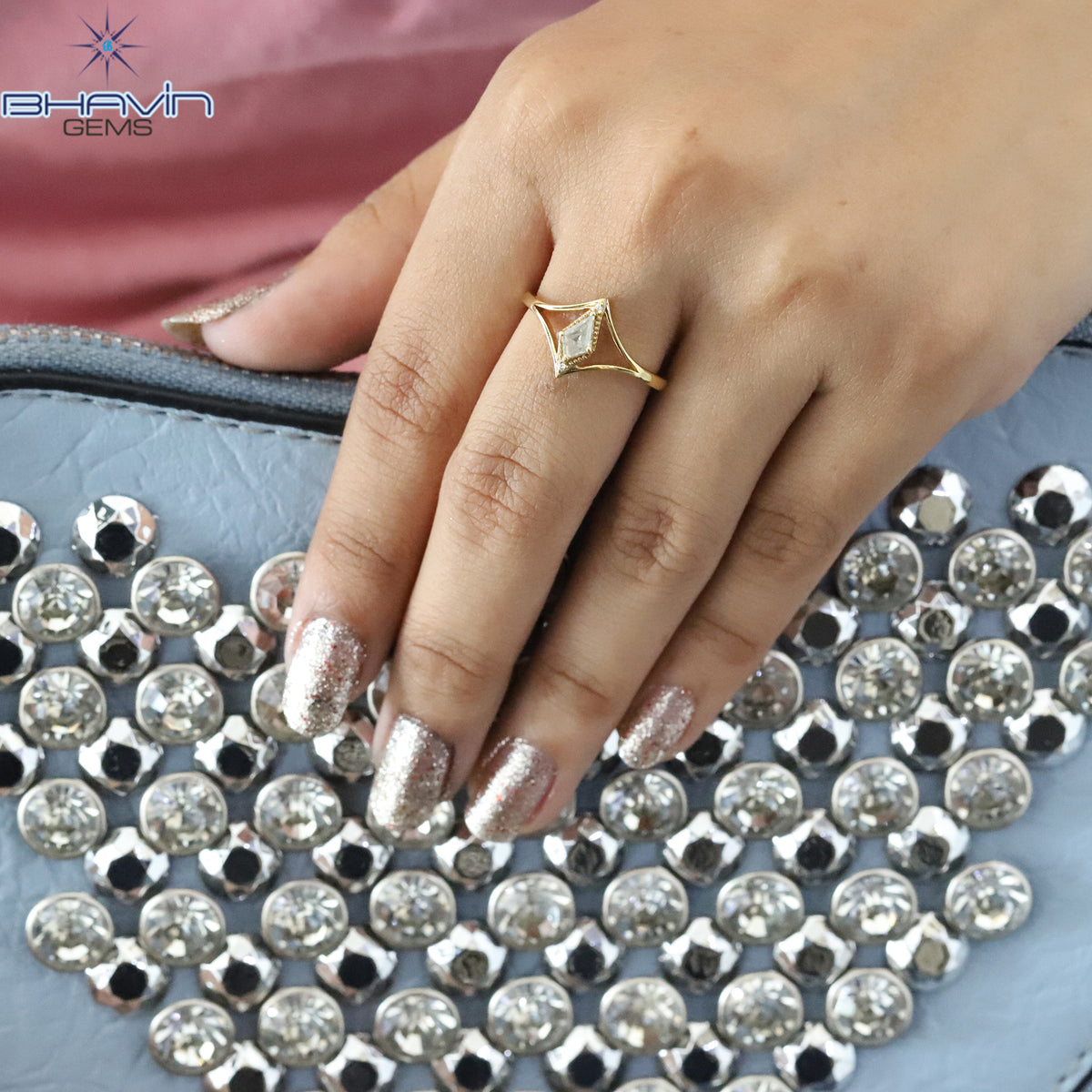 Natural Kite Cut Salt & Pepper Diamond Geometric Solitaire Ring