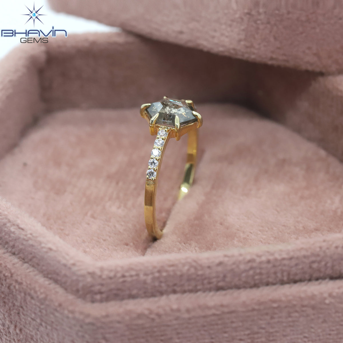 Hexagon Diamond Salt And Pepper Diamond Natural Diamond Ring Gold Ring Engagement Ring