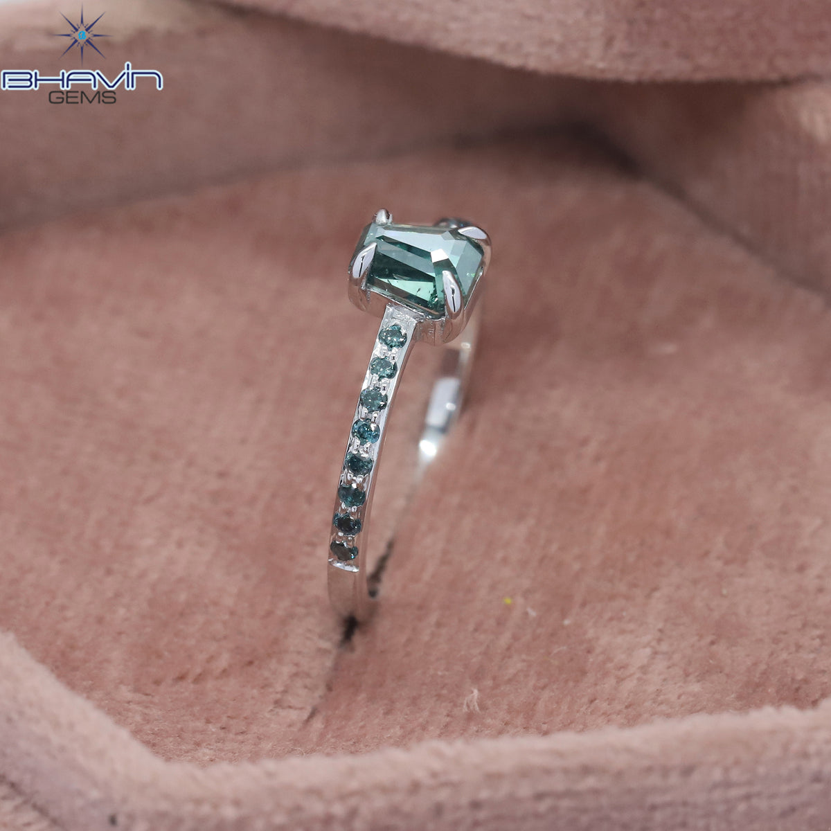 Coffin Diamond Greenish Blue Color Natural Diamond Ring Engagement Ring