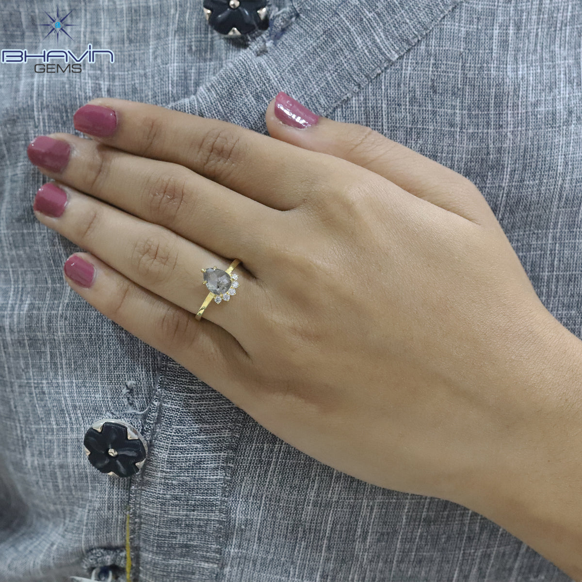 Natural Pear-Shaped Salt and Pepper Diamond Ring with Diamond Tiara Setting