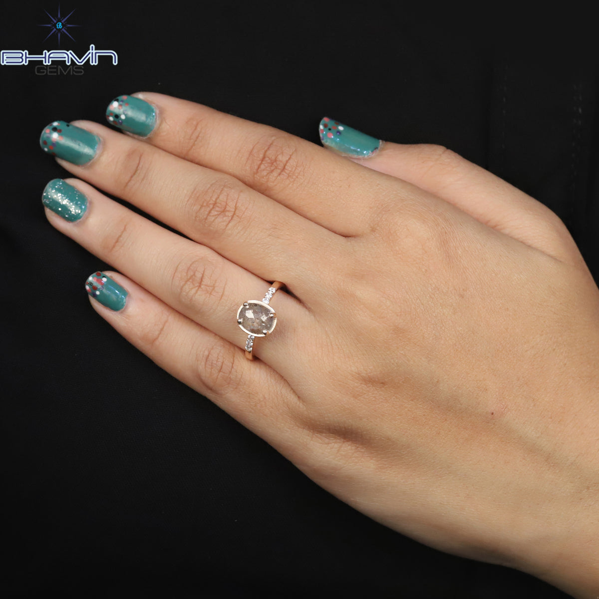Oval Diamond Natural Diamond Ring Salt And Pepper Color Gold Ring Engagement Ring