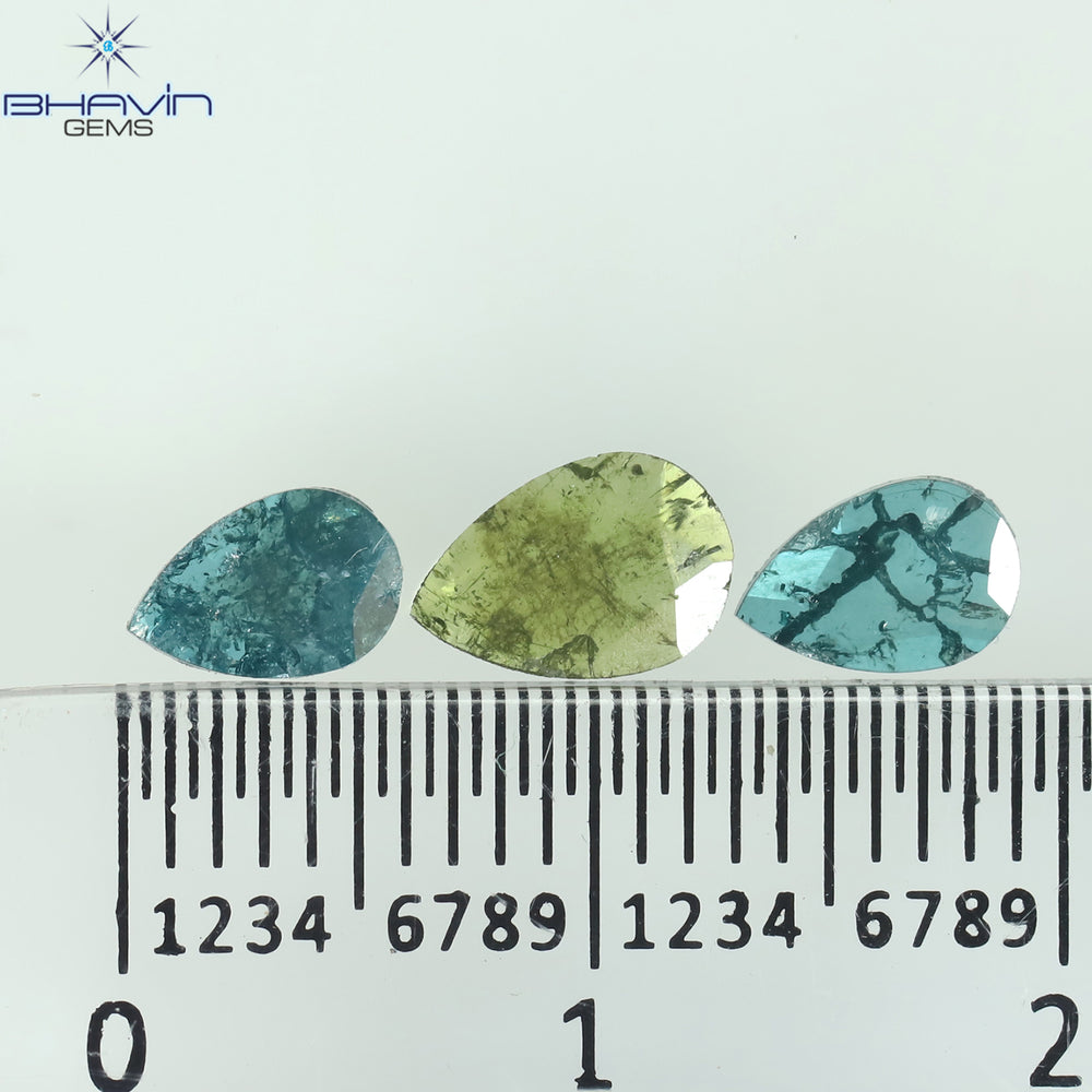 0.71 CT/3 ピース ペアシェイプ ナチュラル ダイヤモンド グリーン ブルー カラー I3 クラリティ (7.04 MM)