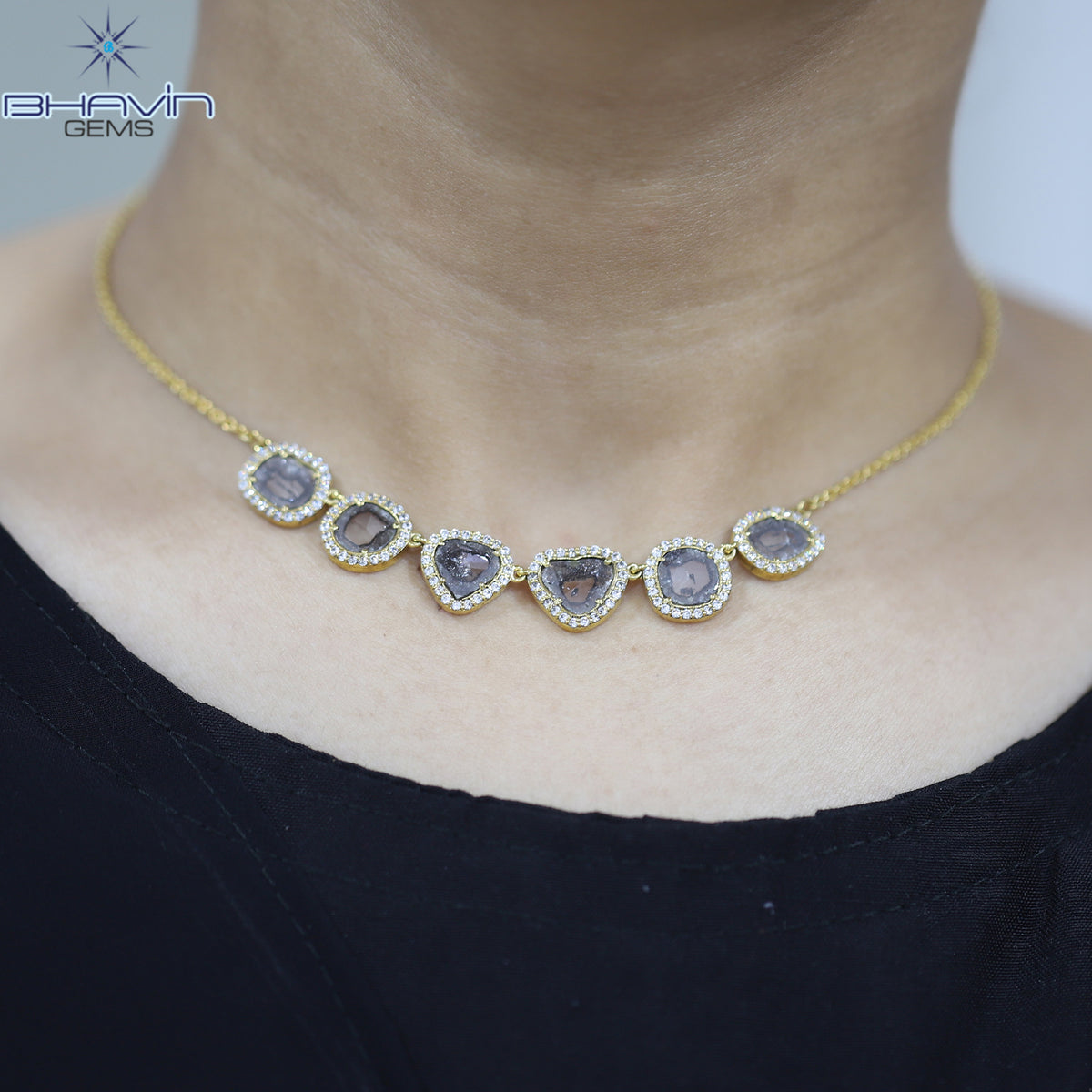 Slice Rose Cut Diamond Pendant, Salt And Pepper Diamond, Yellow Gold Pendant, Bridal Necklace