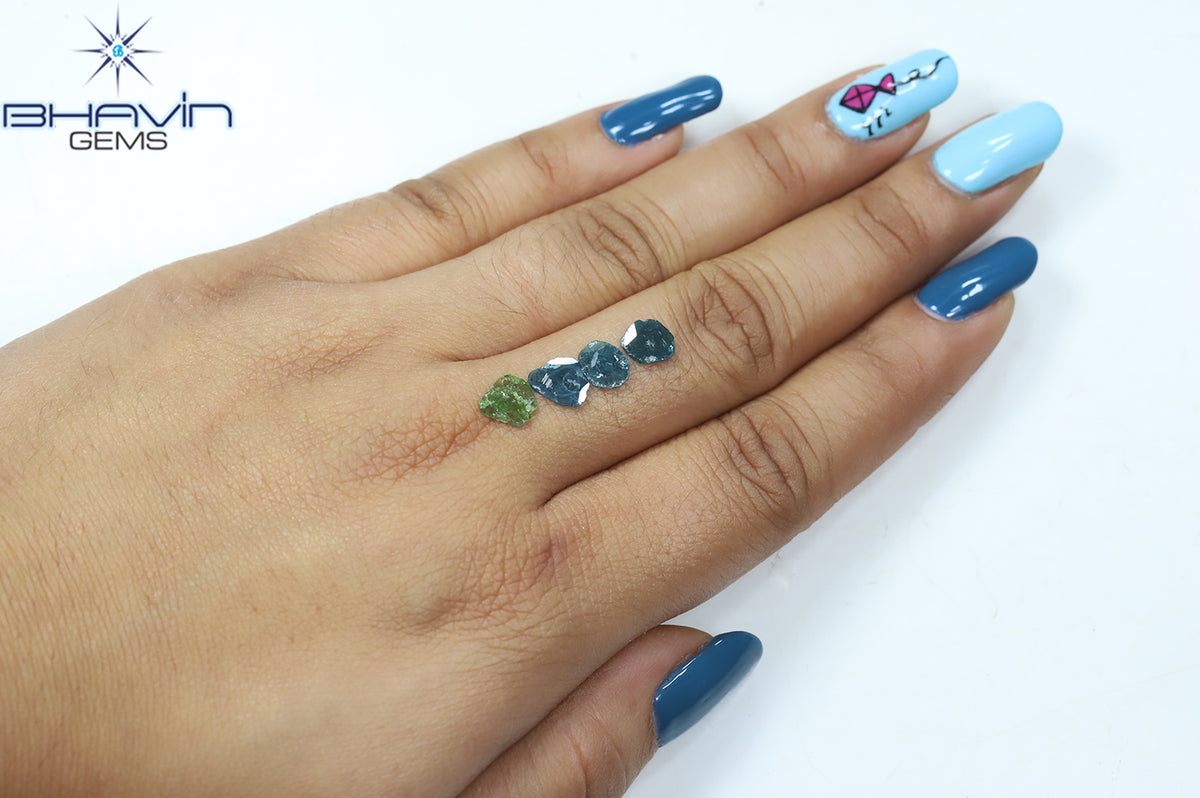 1.66 CT/4 Pcs Natural Slice Diamond Enhanced Blue Green Color Clarity I3 (7.70 MM)