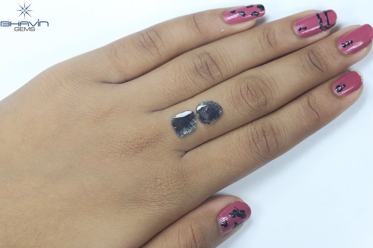 1.96 CT (2 Pcs) Slice Natural Diamond Salt And Pepper Color Clarity I3 (10.70 MM)