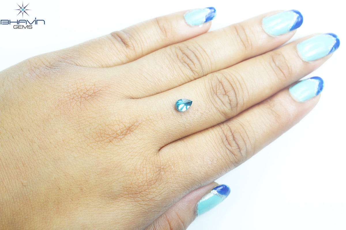 0.90 CT Pear Natural Diamond Enhanced Greenish Blue Color Clarity SI2 (4.38 MM)