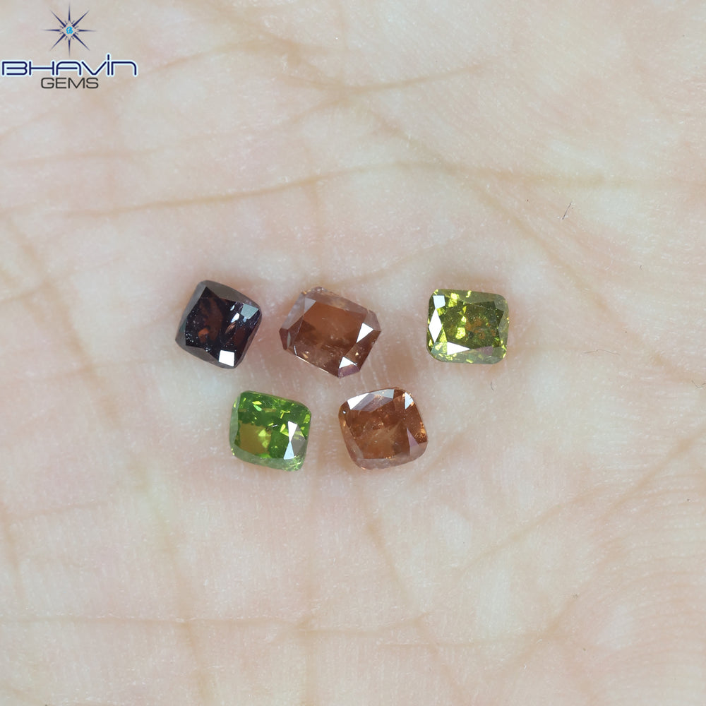0.82CT/5ピース クッションシェイプ 天然ダイヤモンド ピンクグリーン色 SI2 クラリティ (3.46mm)