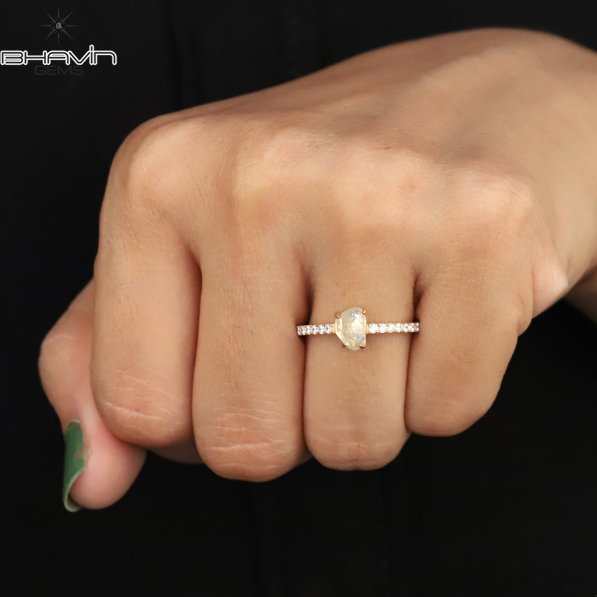 Rough Cut Natural Yellow Diamond Ring with Side Pavé Band Ring