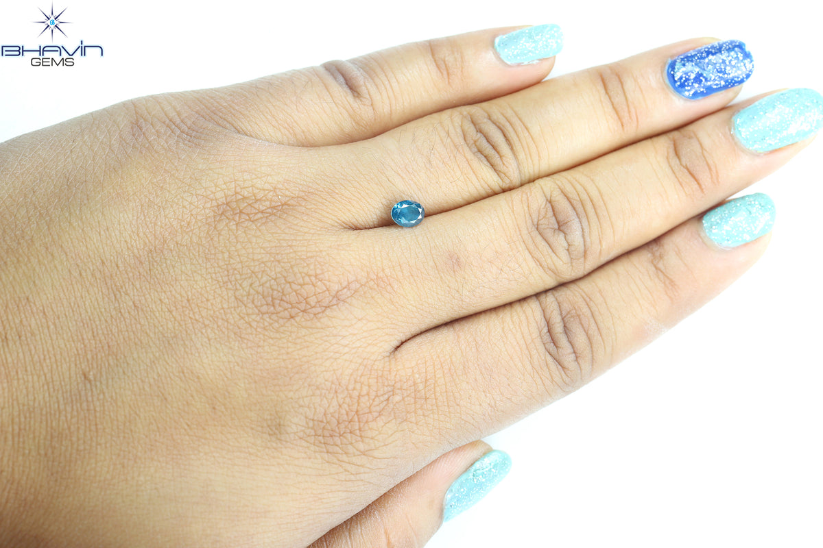 0.65 CT Oval Natural Diamond Enhanced Greenish Blue Color Clarity SI1 (5.70 MM)